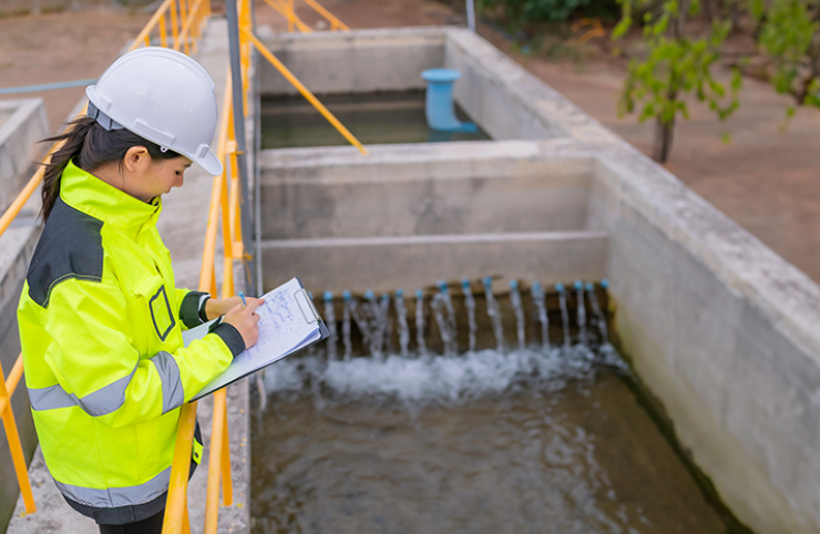 Environmental engineers working at wastewater treatment plants.