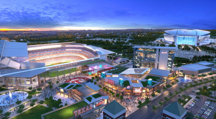 Rendering shows how Texas Live! entertainment district would link stadiums for the Texas Rangers, left, and the Dallas Cowboys, upper right.