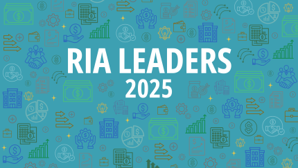 A turquoise, blue and green illustration using symbols of money and investing displays the title "RIA Leaders 2025" in the middle for the 2025 edition of Financial Planning's RIA Leaders feature