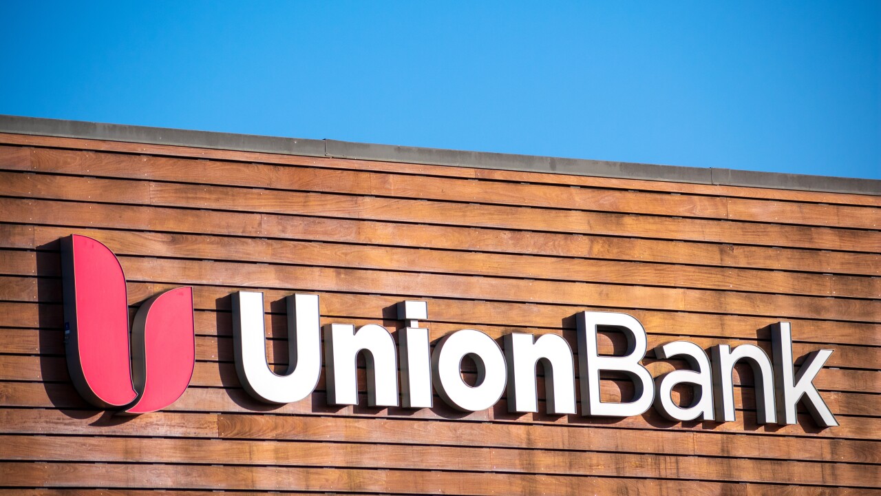 Union Bank sign, logo on the branch facade of a full service bank. - San Jose, California, USA - 2021