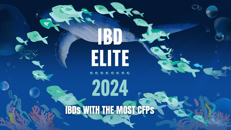 An illustration shows dozens of little green fish swimming next to a giant whale with a title that reads, "IBD Elite 2024: IBDs with the most CFPs."