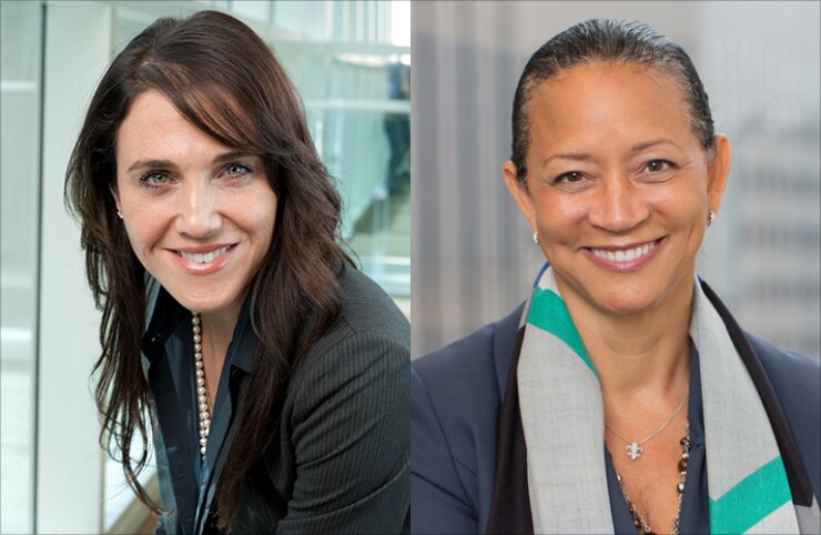 Carey Kolaja, global chief product officer at Citi FinTech (left), and Sherrie Littlejohn, executive vice president of the innovation group at Wells Fargo.