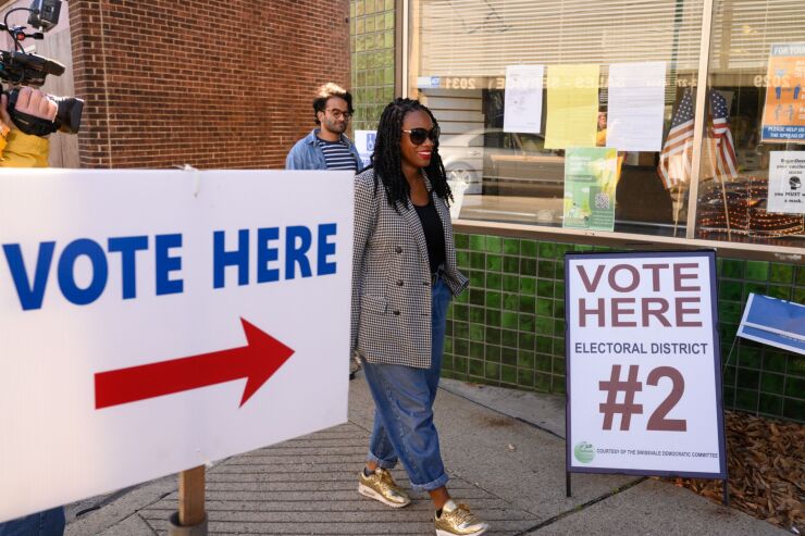 Summer Lee, Democratic Representative candidate for Pennsylvania, arrives at a polling location in Swissvale, Pennsylvania, US, on Tuesday, Nov. 8, 2022. After months of talk about reproductive rights, threats to democracy, climate change, immigration and crime, the US midterm elections are coming down to the way Americans feel about the overall state of the economy and, in particular, inflation. Photographer: Justin Merriman/Bloomberg