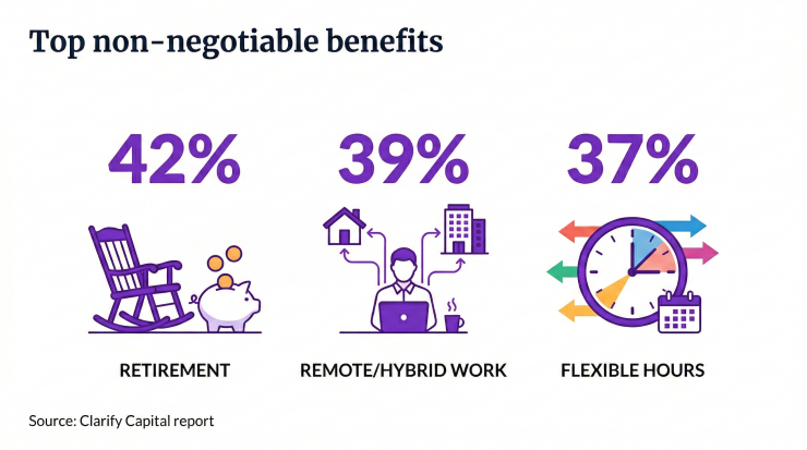 Infographic showing top non-negotiable employee benefits: 42% Retirement, 39% Remote/Hybrid Work, 37% Flexible Hours.