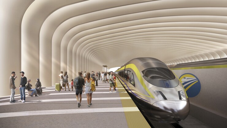 A high-speed rail car enters the Kings Tulare train station in California's Central Valley