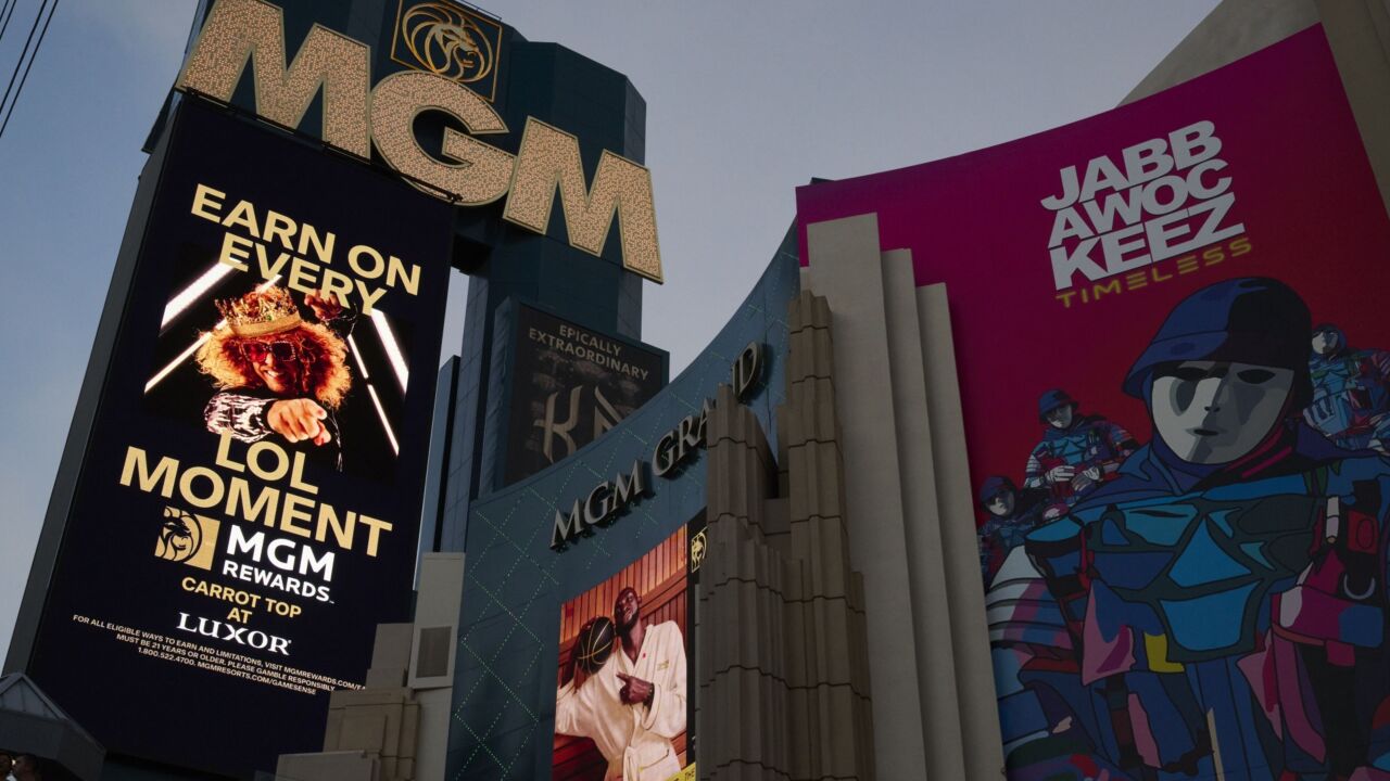 Signage outside the MGM Grand hotel and casino in Las Vegas, Nevada, US, on Friday, July 28, 2023. MGM Resorts International is scheduled to release earnings figures on August 2. Photographer: Bridget Bennett/Bloomberg