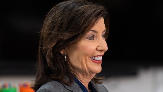 Kathy Hochul, governor of New York, during a news conference at the WIN NYC family shelter in New York