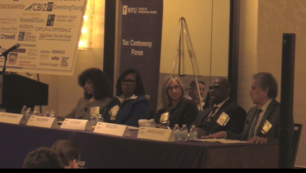 (Left to right) Panel moderator Sharon Katz-Pearlman of Greenberg Traurig, IRS Large Business and International acting commissioner Mabeline Baldwin, IRS Small Business/Self-Employed commissioner Lia Colbert, Tax Exempt and Government Entities commissioner Edward Killen, and Whistleblower Office acting director Erick Martinez at NYU Tax Controversy Forum