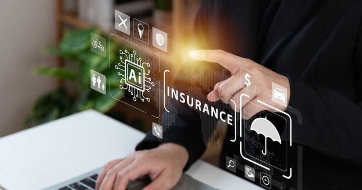 Floating graphic of AI, insurance, an umbrella showing coverage and a man's hands pointing to the images.