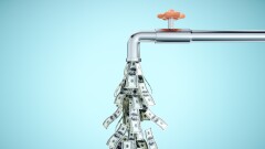 Cash flow with concept of water tap dripping dollar banknotes on blue background.