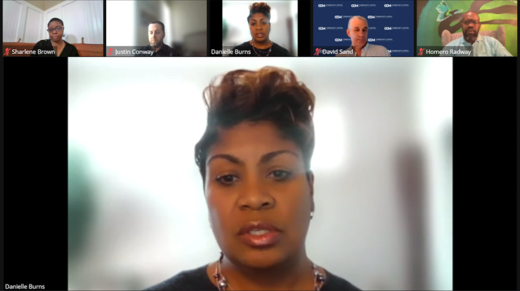 Danielle Burns, vice president and head of business development for CNote, speaks during a panel about racial equity investing hosted by the Croatan Institute as Sharlene Brown, Homero Radway, David Sand and Justin Conway listen on.