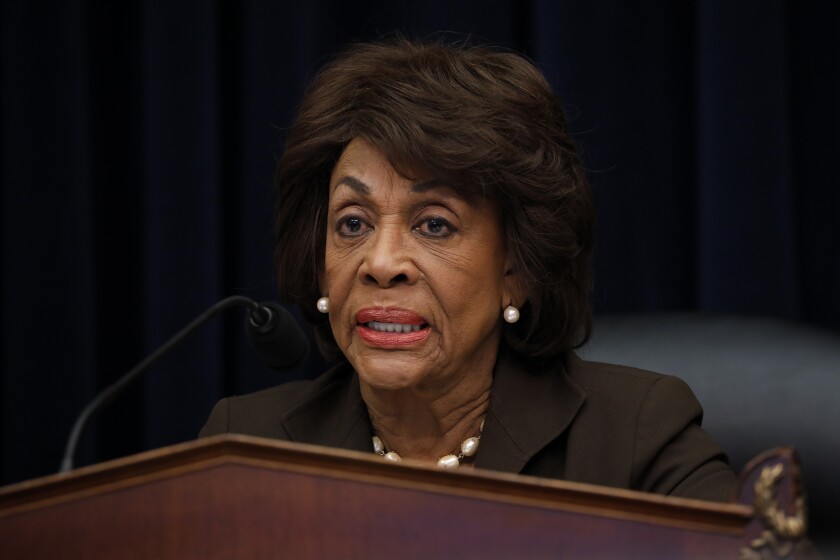 Rep. Maxine Waters, D-Calif. and ranking member of the House Financial Services Committee, speaks during a hearing with Jerome Powell, chairman of the U.S. Federal Reserve, not pictured, in Washington on Feb. 27, 2019.