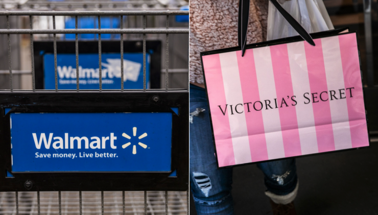 Walmart shopping cart, Victoria's Secret bag