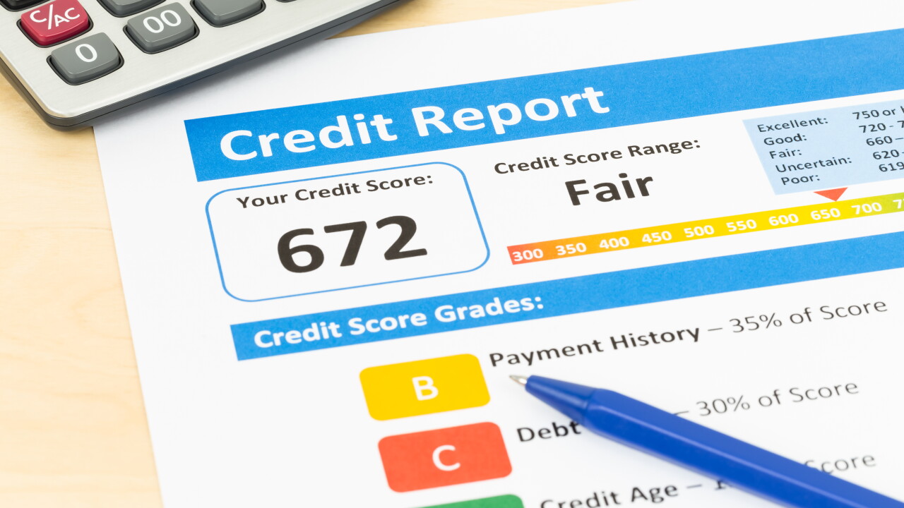 Fair credit score report with pen and calculator