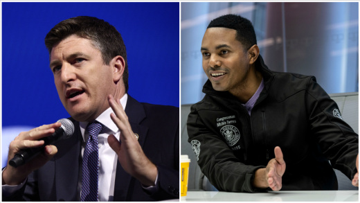 Diptych of Bryan Steil, holding a microphone, and Ritchie Torres, sitting at a table.