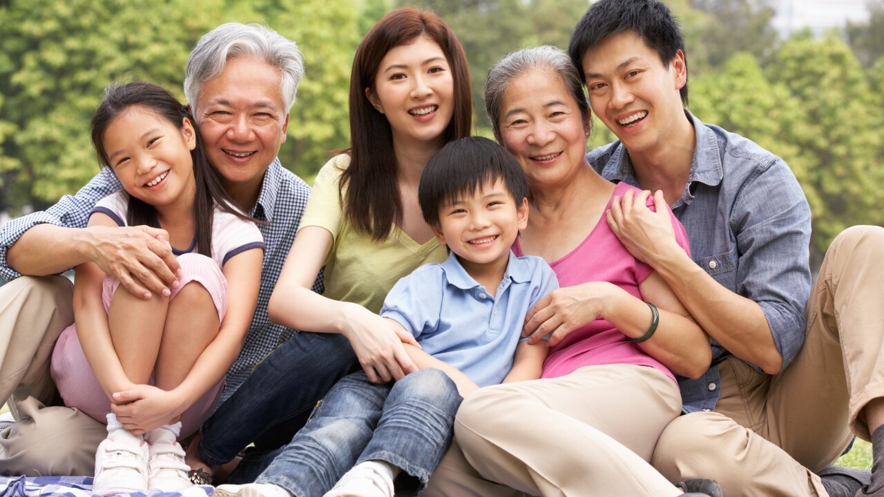 Portrait Of Multi-Generation Chinese Family Relaxing In Park Together