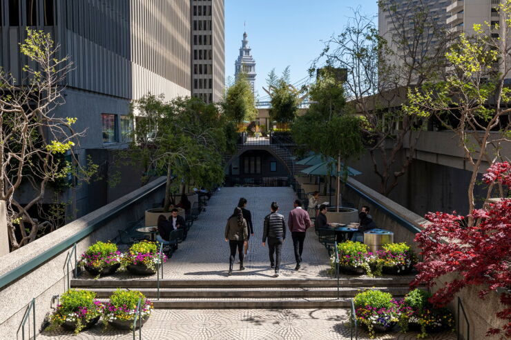 Pedestrians on The Embarcadero Center in San Francisco, California.