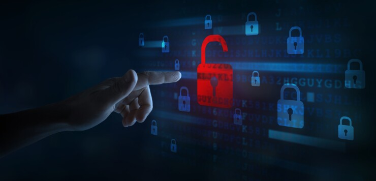A human hand reaching to press a graphic of an opened padlock