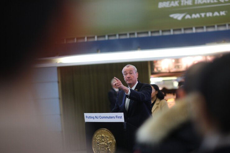 New Jersey Gov. Phil Murphy announcing New Jersey Transit's settlement with Amtrak in Penn Station, New York, on Feb. 13, 2019.