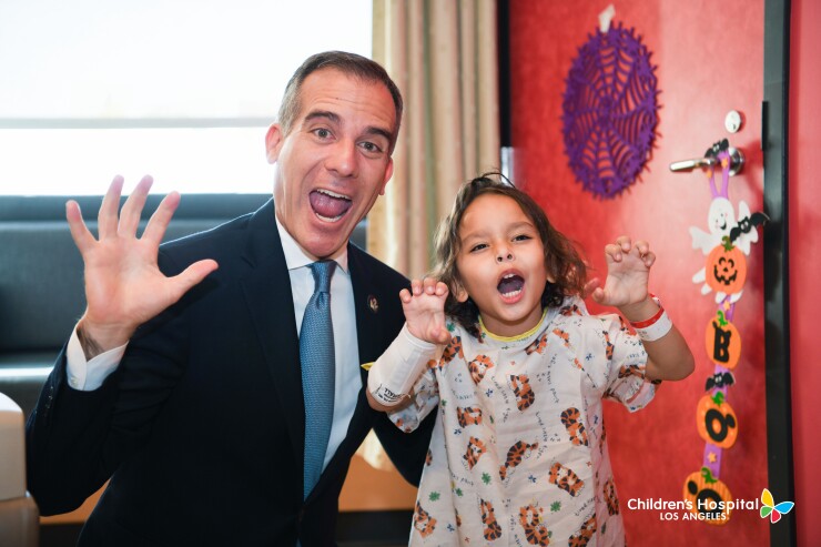 Los Angeles Mayor Eric Garcetti and a Children's Hospital Los Angeles patient on Oct. 16, 2018, when the mayor announced his support for a state bond measure for children's hospitals.