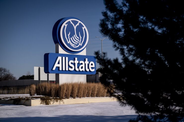 Allstate signage on display outside its former company headquarters in Northbrook, Illinois.
