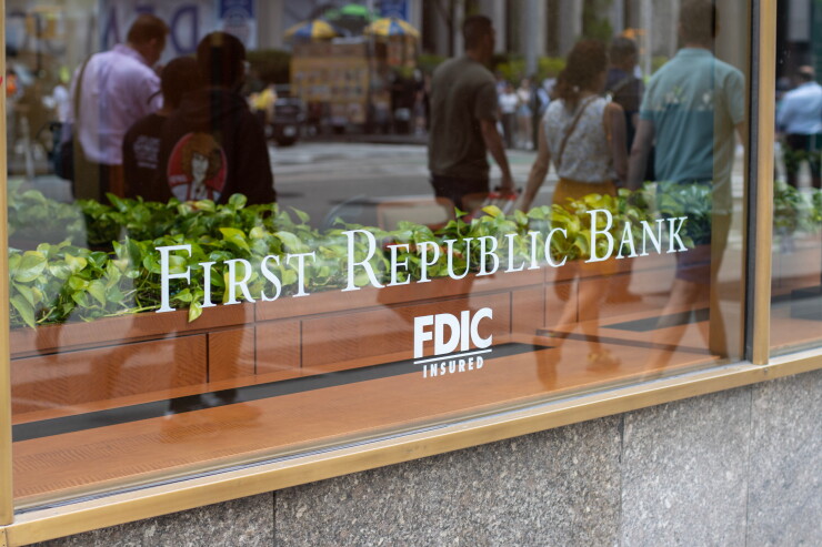 New York, NY, USA - July 6, 2022: First Republic Bank sign is seen at one of its branches in New York City. First Republic Bank failed in May 2023 after a bank run, and FDIC was appointed as receiver.