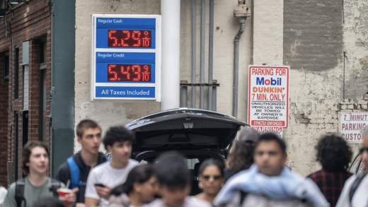 A sign displays the prices of unleaded gasoline at a Mobil gas station in New York, US, on Tuesday, March 31, 2026.