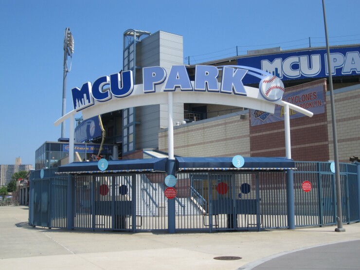 MCU Park in Brooklyn, named as part of a naming rights deal between the Brooklyn Cyclones of Minor League Baseball and Municipal Credit Union of New York.