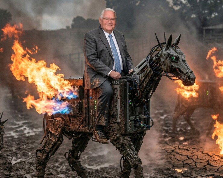 A Google Maps user submitted the above image, apparently AI-generated, showing Bank of Washington CEO L.B. Eckelkamp, Jr. riding a flaming cyberhorse. The artwork, which Google Maps users could find when they searched for the location of a farm owned by the Eckelkamp family, was likely inspired by a controversial data center proposed on the site of the farm.