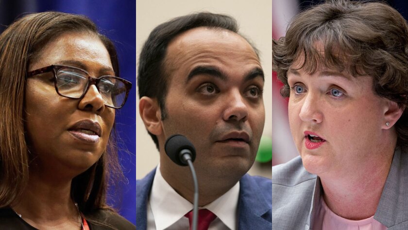 Some names mentioned as a potential CFPB chief in a Democratic administration include FTC member Rohit Chopra, center, and California lawmaker Katie Porter, right. A new director could also be chosen from among state attorneys general, such as New York’s Letitia James.