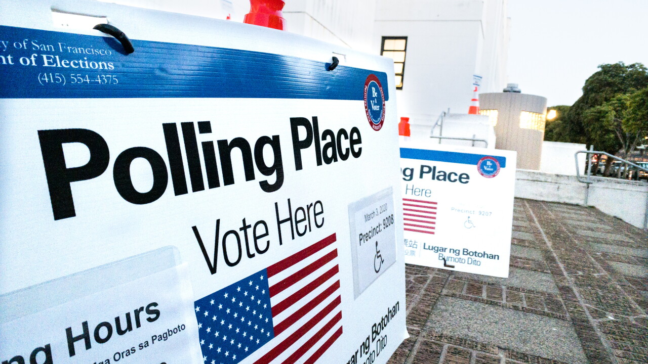 Polling Place Voting Sign on Super Tuesday 2020 Primary Election in San Francisco California on March 3, 2020