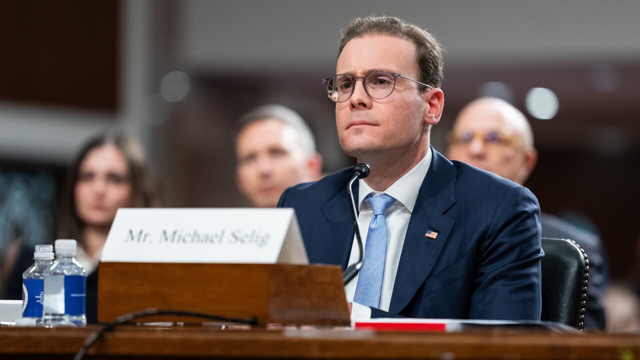 Michael Selig, wearing glasses and a suit, sits at a witness table with a nameplate during a formal hearing or testimony.