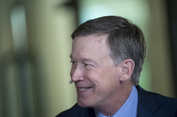 John Hickenlooper, governor of Colorado, reacts during a Bloomberg Television interview at the Milken Institute Global Conference in Beverly Hills, California, U.S., on Tuesday, May 2, 2017