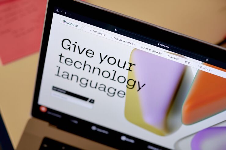 The Cohere AI website on a laptop arranged in New York, US, on Wednesday, Aug. 16, 2023. Founded in 2019, Cohere builds large language models, software trained on massive swaths of the internet to analyze and generate text, and customizes them for users. Photographer: Gabby Jones/Bloomberg