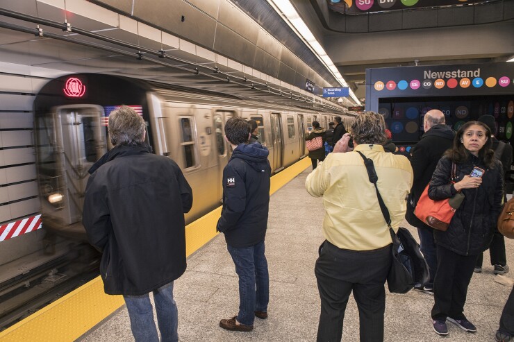 A New York Subway train in a station