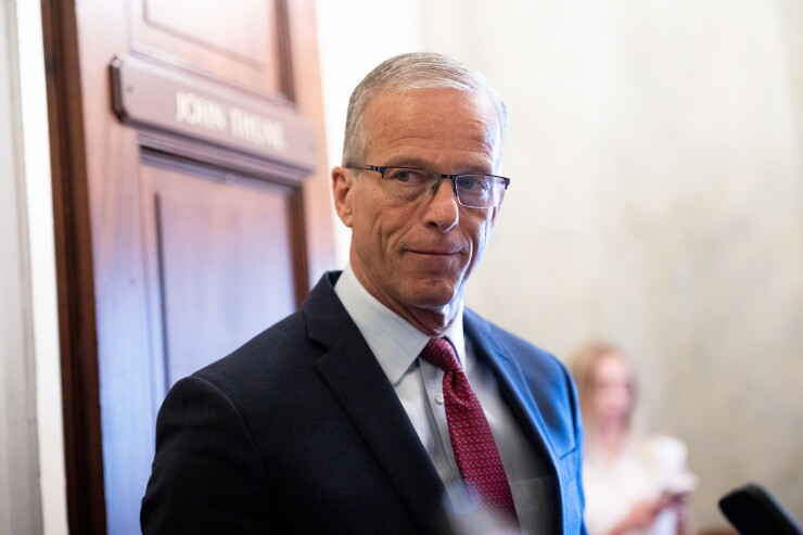 Senate Majority Leader John Thune, a Republican from South Dakota, speaks to members of the media in Washington, D.C., on July 22, 2026.
