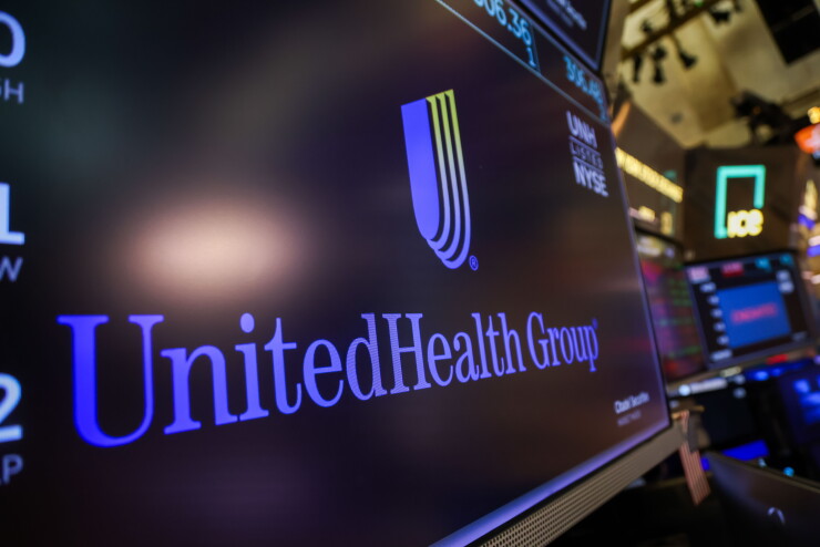 UnitedHealth Group Inc. signage on the floor of the New York Stock Exchange.