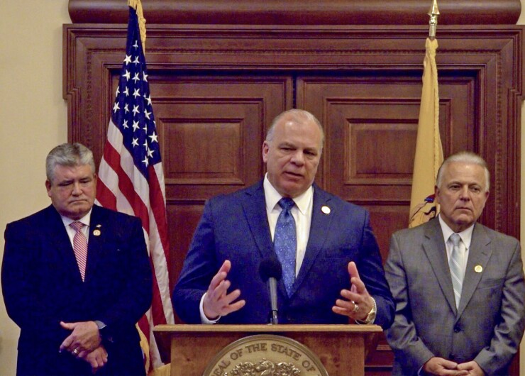 New Jersey Senate President Steve Sweeney, D-Gloucester, at lectern, has held office since 2002.