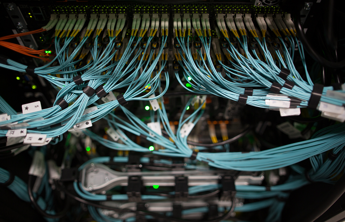 Closeup of wiring in a bank data server.