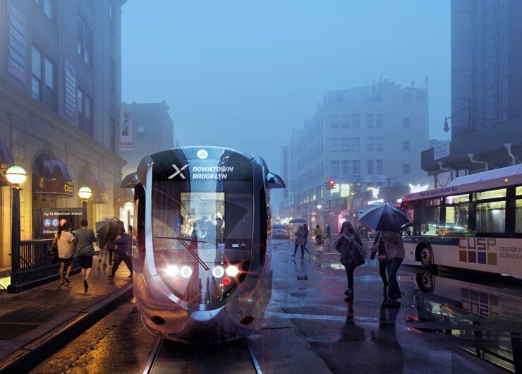 A rendering of the proposed Brooklyn-Queens Connector streetcar in New York City.