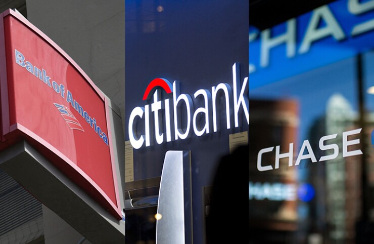 From left, signage for Bank of America, Citibank and JPMorgan Chase branches.