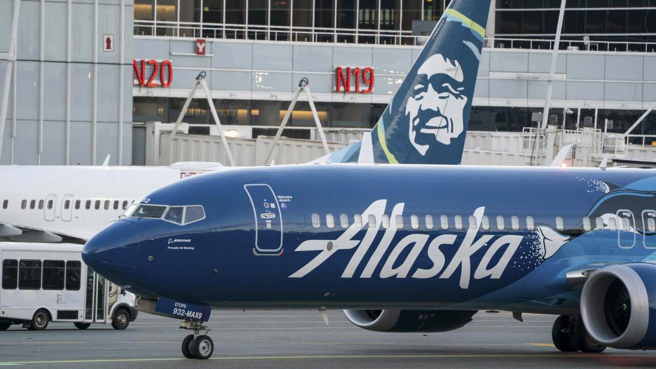 Alaska Air plane taxis at Seattle-Tacoma International Airport.