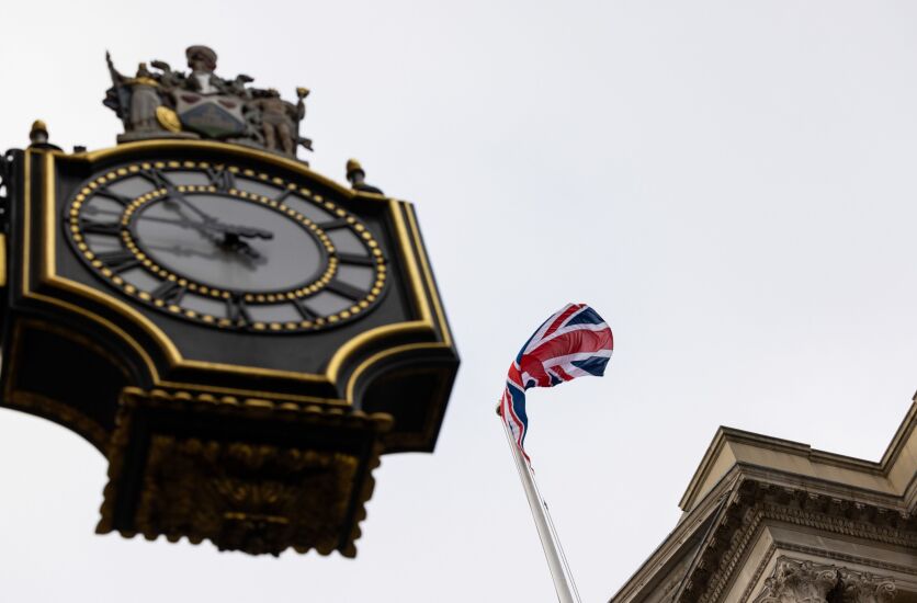 British Union flag above Bank of England