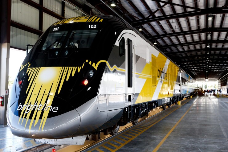 A Brightline inter-city train is displayed during a media tour in West Palm Beach, Florida, on Wednesday, Jan. 11, 2017.