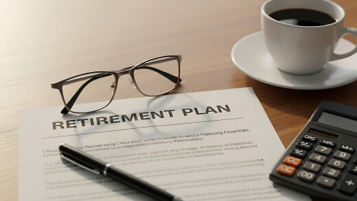 Retirement plan document, glasses, pen, and coffee on a desk, symbolizing financial planning for future endeavors.