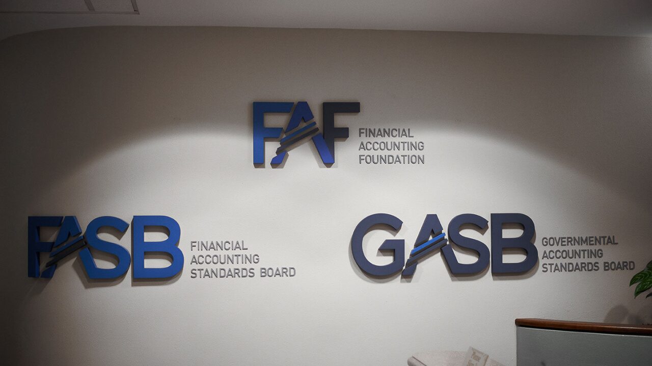 FASB, GASB and FAF logos on the wall at headquarters in Norwalk, Connecticut
