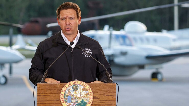 Florida Gov. Ron DeSantis at a border security news conference 2025