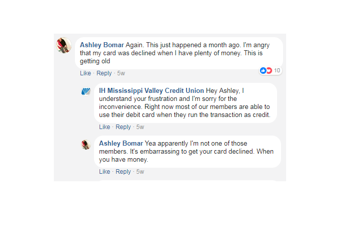 Customer of IH Mississippi Valley Credit Union goes off on bank's Facebook page.