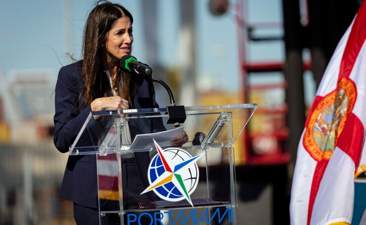 Hydi Webb, director and chief executive officer of PortMiami, speaks during a news conference at PortMiami on Oct. 18, 2023.