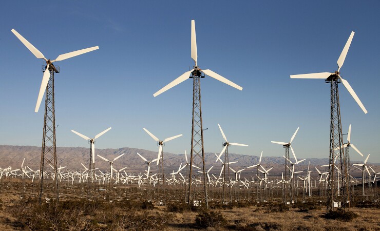 Turbines stand at the San Gorgonio Pass Wind Farm in Whitewater, California, U.S., on Wednesday, Jan. 25, 2012.